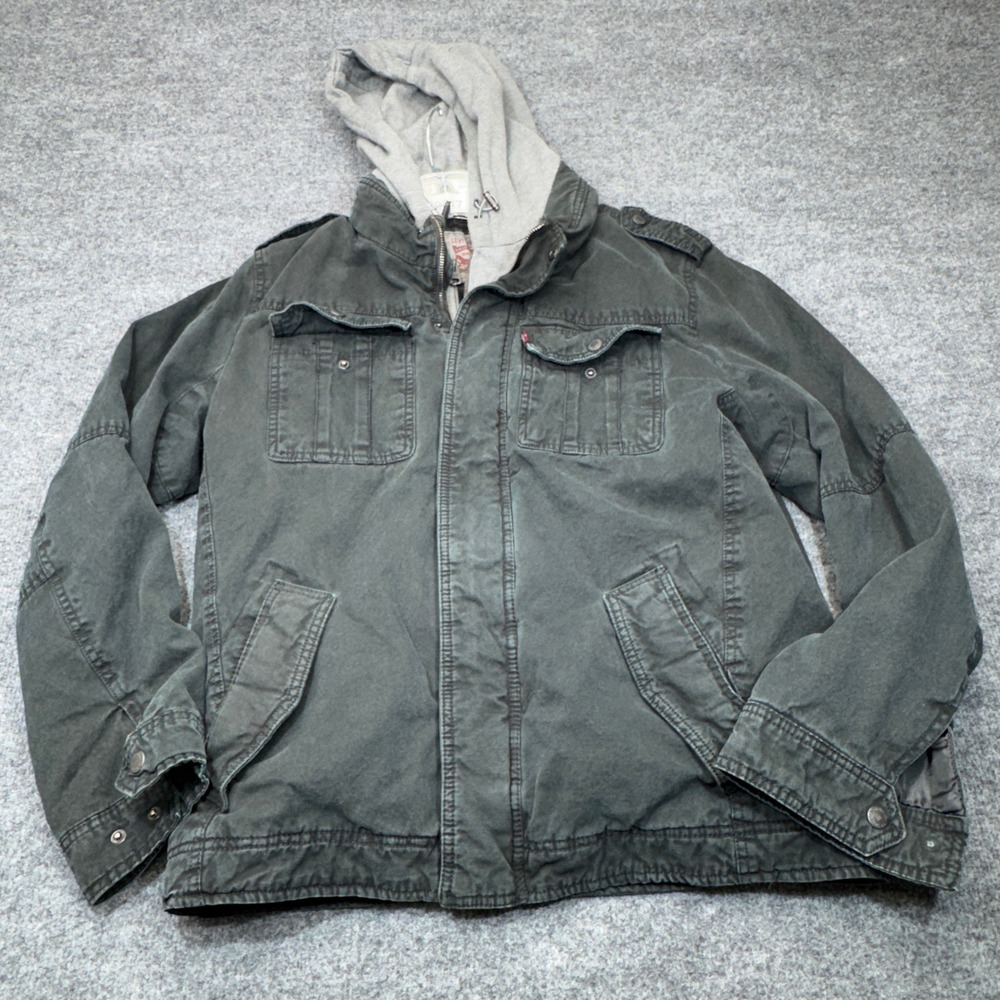 Levis Jacket Mens Medium Gray Washed Cotton Sherpa Lined Military Field Hooded